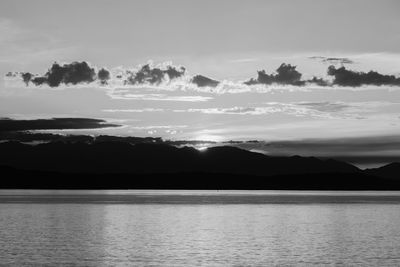 Scenic view of lake by silhouette mountain against sky