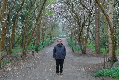 Rear view of woman walking in forest