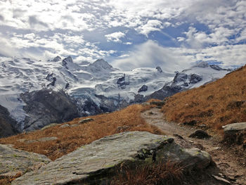 Scenic view of snowcapped mountains against sky