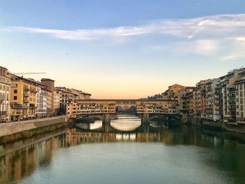 Bridge over river by buildings in city against sky