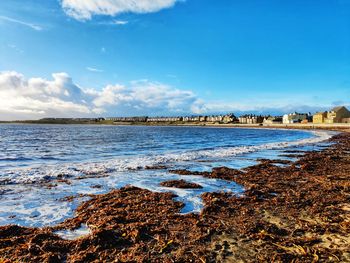 Scenic view of sea against blue sky