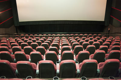High angle view of empty chairs in stadium