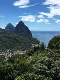 Scenic view of sea and mountains against sky