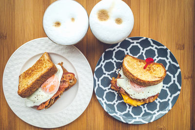 High angle view of breakfast served on table