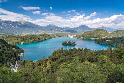 Scenic view of lake by mountains against sky