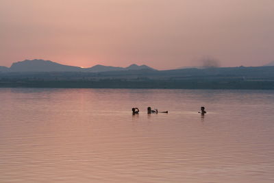 People swimming in lake against sky during sunset