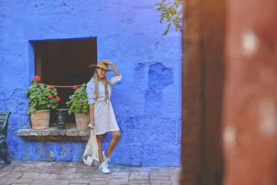 Portrait tourists in santa catalina monastery. south america. exploring unesco world heritage