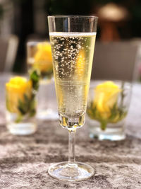 Close-up of beer glass on table