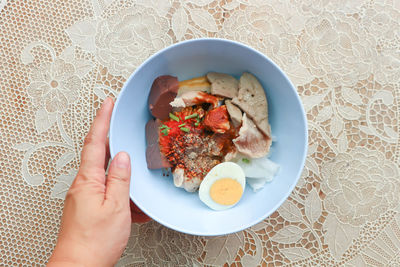 High angle view of breakfast served on table