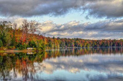 Scenic view of lake against sky during autumn