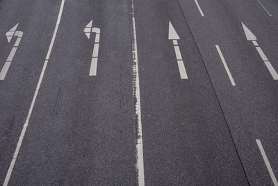 High angle view of arrow symbol on road