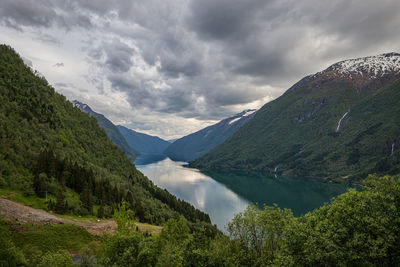 Scenic view of lake and mountains against sky