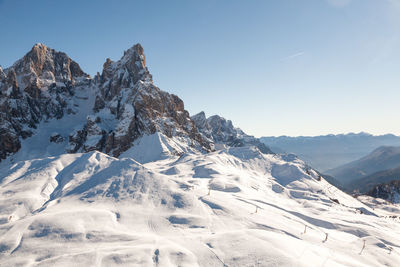 Scenic view of snowcapped mountains against clear sky