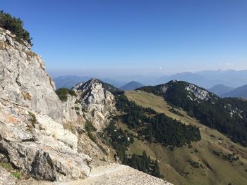 Scenic view of mountains against clear blue sky