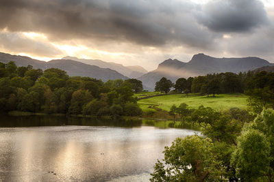 Scenic view of lake and mountains against sky