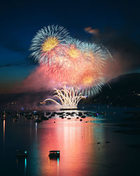 Firework display over river against sky in city during night