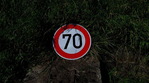 Road sign on field