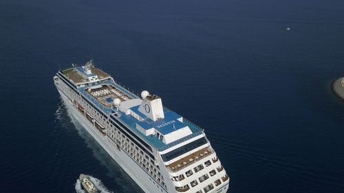 High angle view of ship sailing in sea