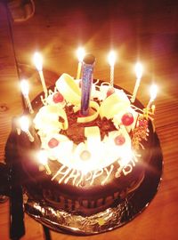 Close-up of lit candles on table