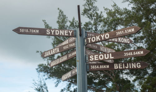 Low angle view of road sign against sky