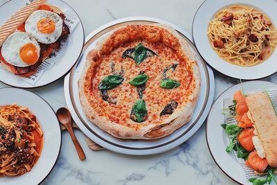 High angle view of pizza on table