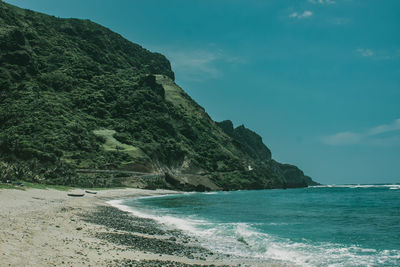 Scenic view of sea by mountain against sky