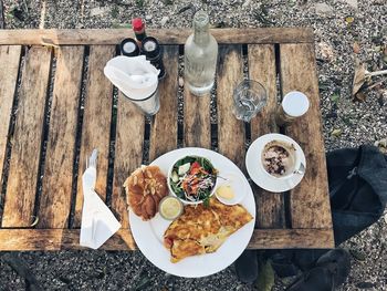 High angle view of breakfast served on table