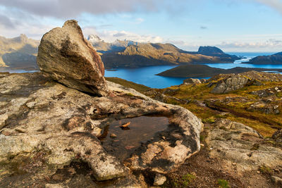 Scenic view of rocks in sea against sky
