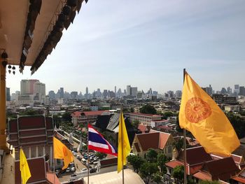High angle view of buildings against sky