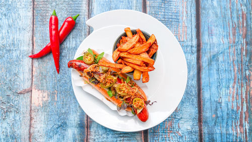 High angle view of food in plate on table