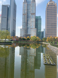 Reflection of buildings in lake against sky