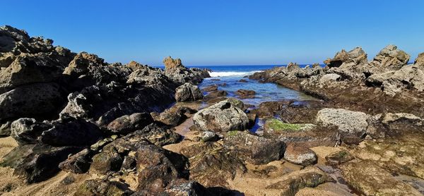 Rocks on beach against clear blue sky