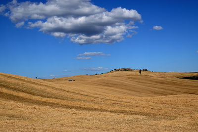 Scenic view of field against blue sky