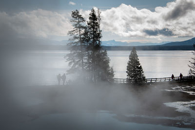 Silhouette trees by lake against sky