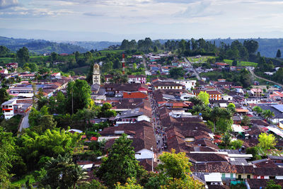 High angle view of buildings in city