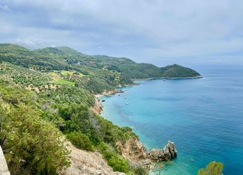 High angle view of bay against sky