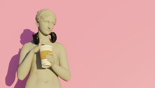 3d rendering. goddess hypnos drinking coffee while listening to music