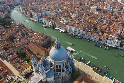 Italy, veneto, venice, aerial view of grand canal and santa maria della salute basilica