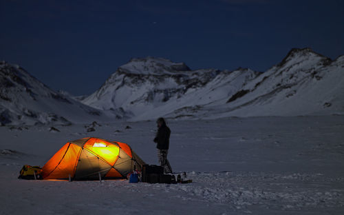 Illuminated tent at camp in the icelandic winter landscape