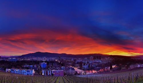 High angle view of townscape against sky at sunset