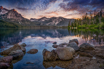 Scenic view of lake against sky during sunset