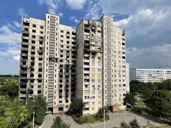 Low angle view of skyscrapers against sky