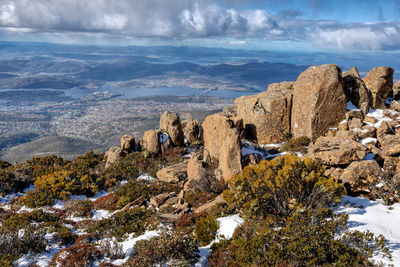 Panoramic view of rocks and sea against sky