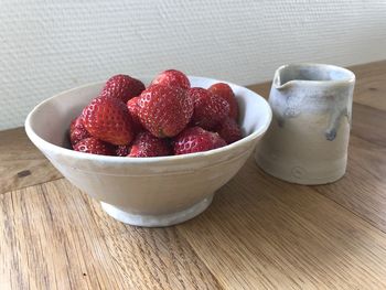 High angle view of strawberries in bowl on table