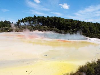 Scenic view of hot spring lake against sky