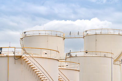 Closeup fuel storage tank in petroleum refinery. white big tank of oil storage. fuel silo.