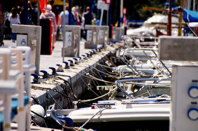 Close-up of moored boats in harbour