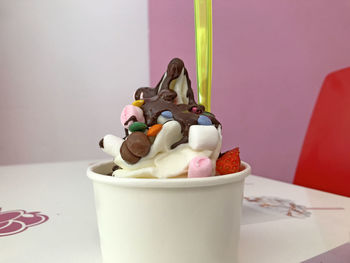 Close-up of ice cream on table