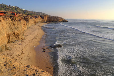 Scenic view of sea against clear sky at sunset