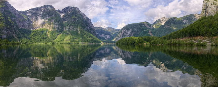 Scenic view of lake and mountains against sky